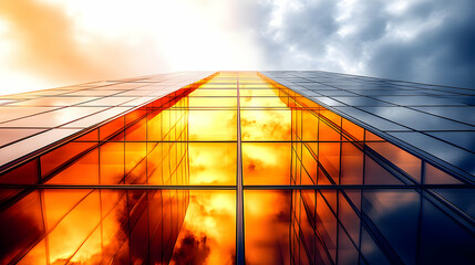 Poster - A skyscraper reflecting fiery clouds at sunset.