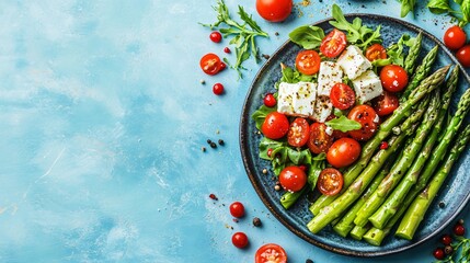 A vibrant asparagus salad with cherry tomatoes and feta cheese, isolated on a pale blue background with abstract gold accents