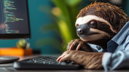 Aufkleber - A sloth wearing a button-up shirt, A charming sloth wearing a shirt works diligently at a computer, surrounded by a modern workspace filled with coding.