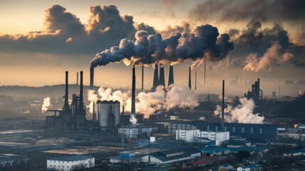 Industrial district with smoke rising from factories, creating dramatic atmosphere