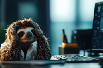 Aufkleber - A sloth in a white-collar shirt, A sloth in a lab coat stressed at a computer, showcasing the humorous clash between slow animals and fast-paced technology work.