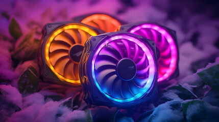 Colorful computer fans with LED lights on a snowy surface.