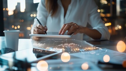 Poster - Professional woman analyzing data trends while working late at a modern office with a city skyline view, illuminated by evening lights