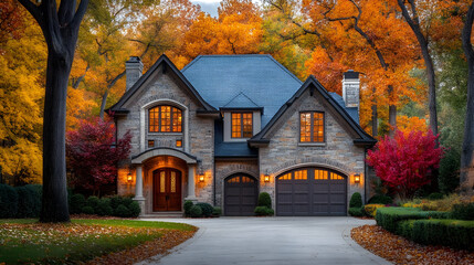 Canvas Print - A charming stone house surrounded by vibrant autumn foliage.