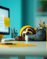 Aufkleber - A sloth in a business suit slumped over a desk, A cute sloth wearing a yellow beanie and suit leans on a desk, adding charm and humor to the workspace environment.