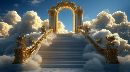 Wall Mural - Majestic staircase leading to a golden arch in a cloud-filled sky.