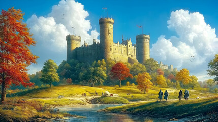 Canvas Print - A picturesque castle surrounded by autumn scenery and a river.