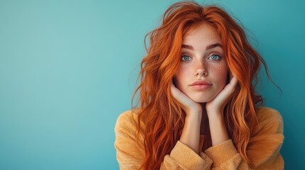 This portrait captures a red-haired woman in a contemplative pose, her face framed by her hands, contrasting vibrantly with a bright blue background, suggesting introspection.