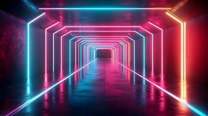 Canvas Print - A vibrant neon-lit corridor with reflective surfaces.