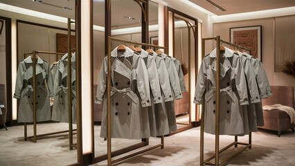 Chic Trench Coats Displayed in Elegant Boutique Dressing Room