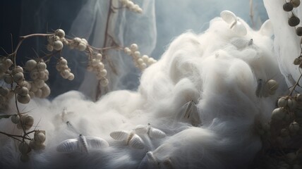 A tranquil scene of silkworms nestled in their cozy cocoons, with the soft, white silk creating a serene, protective environment, and gentle light illuminating the scene.