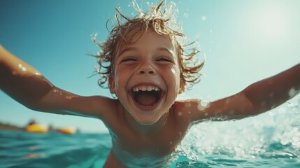 A joyful child with a wide smile swims happily in the bright blue ocean, splashing water, under a vivid sunny sky, capturing the pure essence of summer fun.