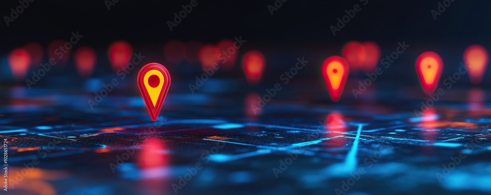 Digital map with glowing location markers indicating various points of ...