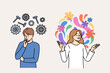 © Dzianis Vasilyeu - Pragmatic and creative thinking between two people using different ways of solving problems. Difference between man and woman thinking, for example guy with mechanism and girl with flowers above heads