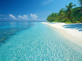 A clear blue ocean with white sandy beach under a blue sky. Palm trees on the beach.