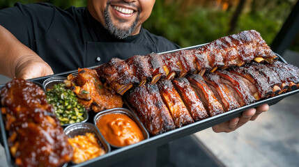 Canvas Print - Chef holding a platter of grilled pork ribs with a variety of side dishes, including sauce and vegetables