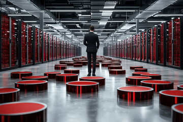Poster - Businessman examining a modern data center with storage devices.