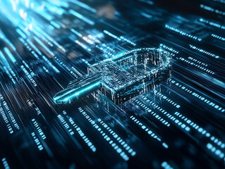 Poster - Digital lock icon surrounded by flowing data streams on a dark background.
