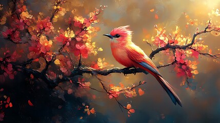 Wall Mural - A vibrant red bird with a long tail perches on a branch of a tree with pink blossoms. The sun shines brightly on the bird, and the branches and leaves are illuminated in a golden light.