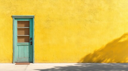 Poster - A striking teal door stands out against a bright yellow wall, casting dramatic shadows on the ground, epitomizing contrast and artistic architectural style.