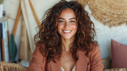 A cheerful woman with delightful curly hair smiles in a casual setting, exuding warmth and friendliness while seated in a cozy room with woven decor elements.