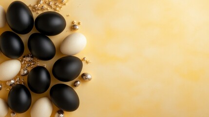 Aufkleber - This image features several black and white eggs artistically arranged on a warm yellow surface, creating a striking contrast and visually appealing composition.