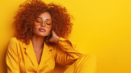 This image shows a stylish woman in a yellow suit with sunglasses against a vivid yellow background, exuding relaxed confidence, style, and modern fashion essence.