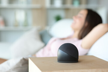 Smart speaker with a relaxed woman in the background