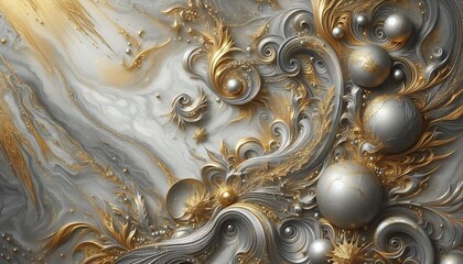 silver marble texture background with golden fantasy decor