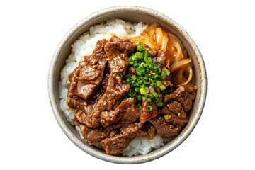 Savory gyudon beef bowl with tender beef, onions, and steamed rice on a transparent background