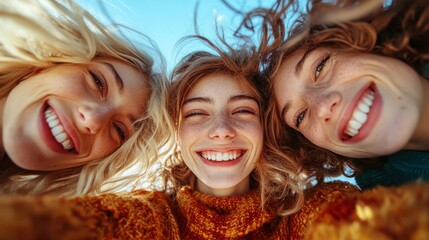 Three women sharing a joyful and carefree moment, smiling under the clear blue sky, reflecting friendship and happiness in a vibrant setting.