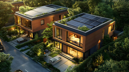 Poster - Modern eco-friendly houses with solar panels and lush landscaping.