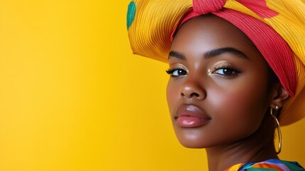 A stylish woman adorned with a colorful headwrap and fashionable earrings poses gracefully against a vibrant yellow background, showcasing cultural flair and beauty.