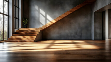 Poster - Modern interior with wooden stairs and natural light.