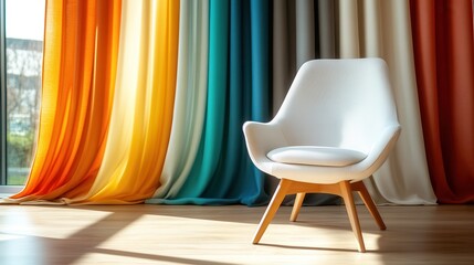 Poster - A stylish white chair stands boldly in front of a vibrant rainbow of colorful curtains, creating a striking visual contrast and energetic interior design.