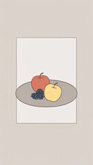 Minimalistic illustration of red and yellow apples alongside blue grapes on a plate against a neutral background with copy space