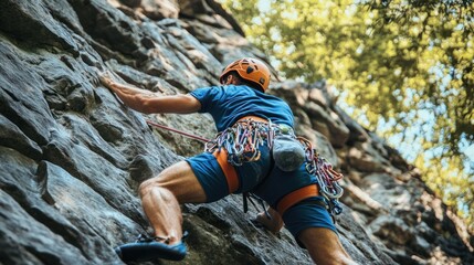 A rock climber making a challenging move, focusing on strength and determination in the vertical climb