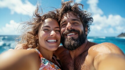 Beaming with happiness, this couple captures their joyful moment by the ocean. The backdrop of waves and clear skies enhances the image of carefree love and laughter.