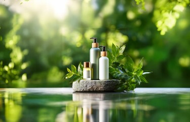 Three bottles of lotion and a small vial rest on a stone in a lush green natural setting.