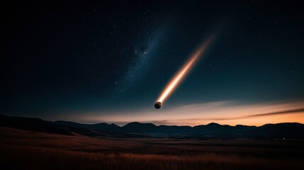Wall Mural - meteor streaking across a night sky with stars and distant mountains on the horizon under a twilight