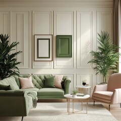 A stylish living room featuring modern furniture, green accents, and natural light, creating a serene and inviting atmosphere.