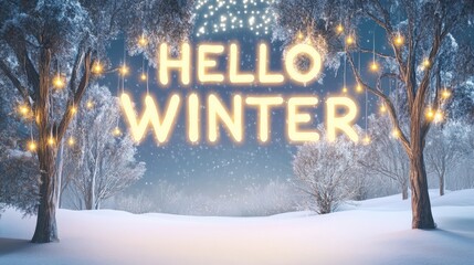 Wall Mural - Enchanting Winter Wonderland with Glowing Hello Winter Message in Snowy Landscape