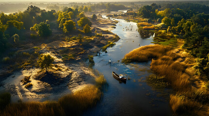 Poster - A serene river landscape with boats and lush vegetation at sunset.