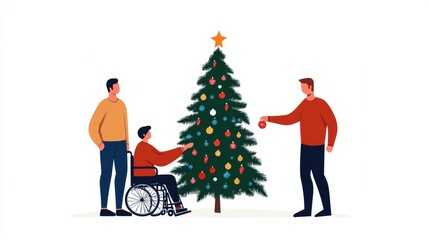 Sticker - A person in a wheelchair decorating a Christmas tree with brightly colored ornaments, surrounded by family members in a warm, festive living room filled with holiday spirit 