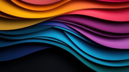 Poster - Brightly colored paper waves layered in blue, pink, and yellow flow smoothly over a dark background to convey motion, fluidity, and artistic innovation.