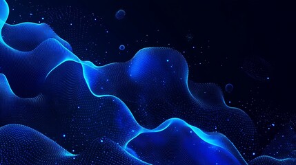 Abstract blue glowing waves and particles on dark background.