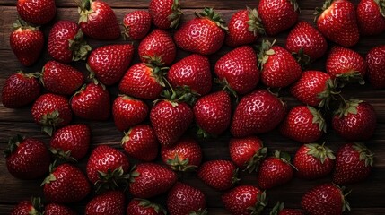 A richly colored photo of a collection of fresh strawberries placed intricately on dark, textured wood, emphasizing their vivid red hue and natural appeal.