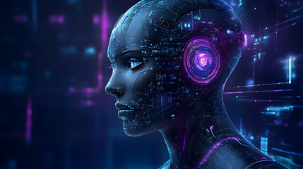 Poster - Futuristic humanoid robot with digital elements and neon accents.