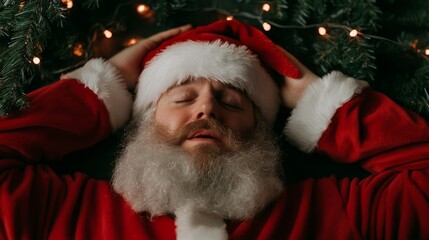 Wall Mural - Santa furiously tangled in Christmas lights, shaking his head in frustration, with a fallen Christmas tree in the background, embodying holiday chaos 