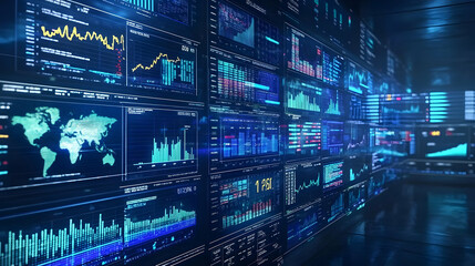 Sticker - High-tech data visualization display with financial metrics and graphs.